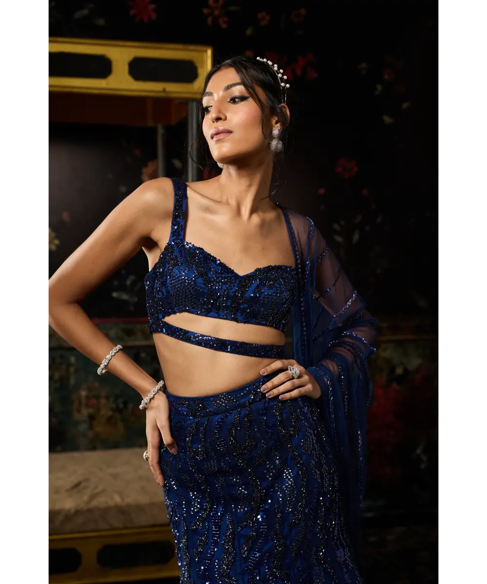 DIYARAJVVIR - DARK BLUE EMBELLISHED MERMAID SKIRT SET